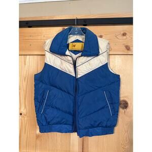 Vintage 70s Camel Goose Down Puffer Vest Feathers
Blue Cream Men’s Size S Retro
